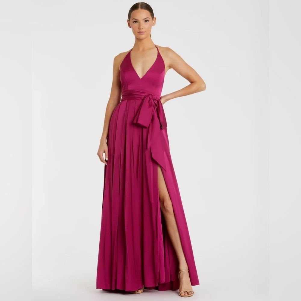 NWT Mac Duggal Charmeuse Halter Strap Soft Tie Waist Gown Sz 4 Magenta *repair*